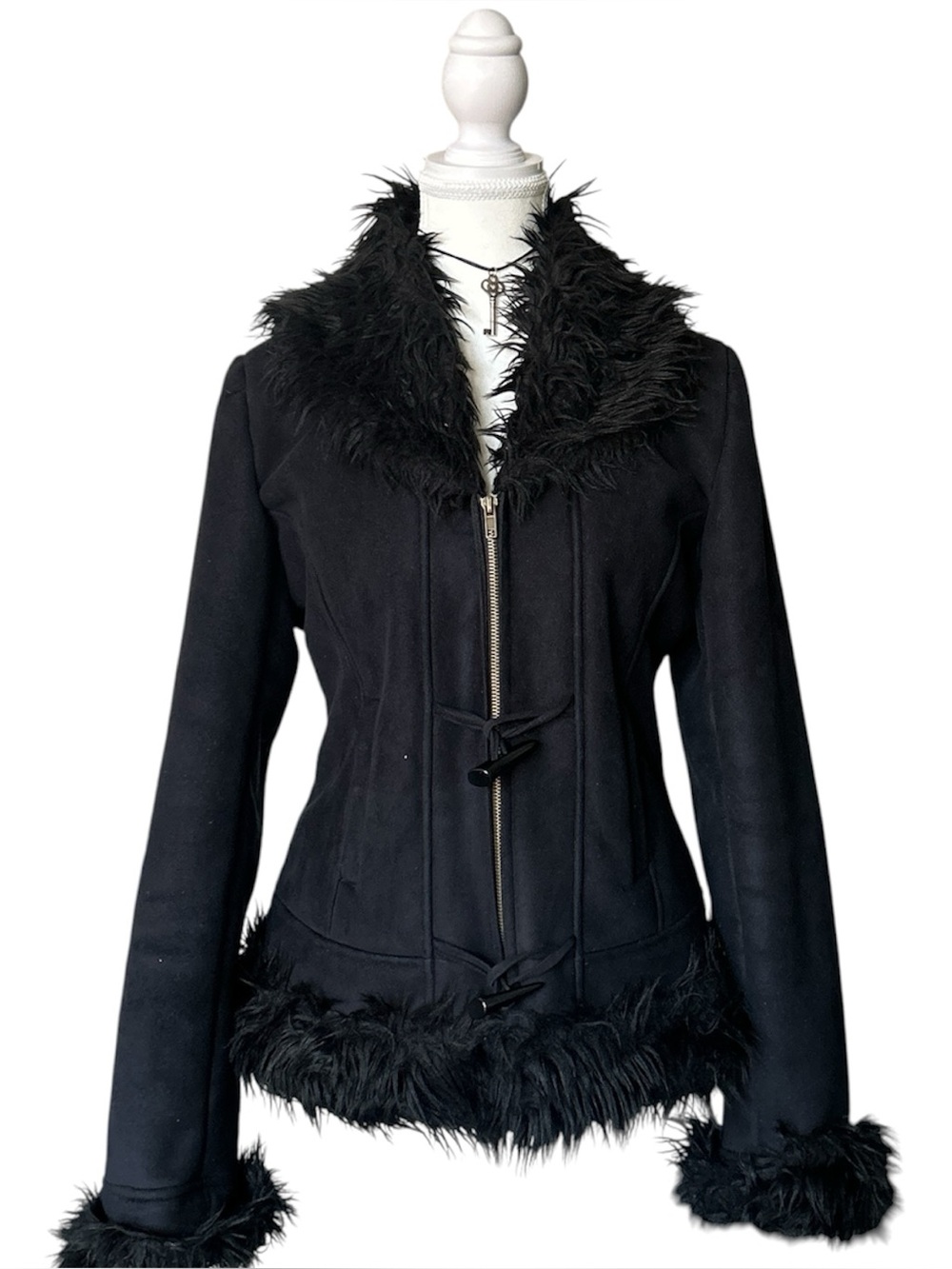 Y2K Grunge “Suzy Shier” Black Faux Fur Trim Pennylane Style Zip-up Jacket